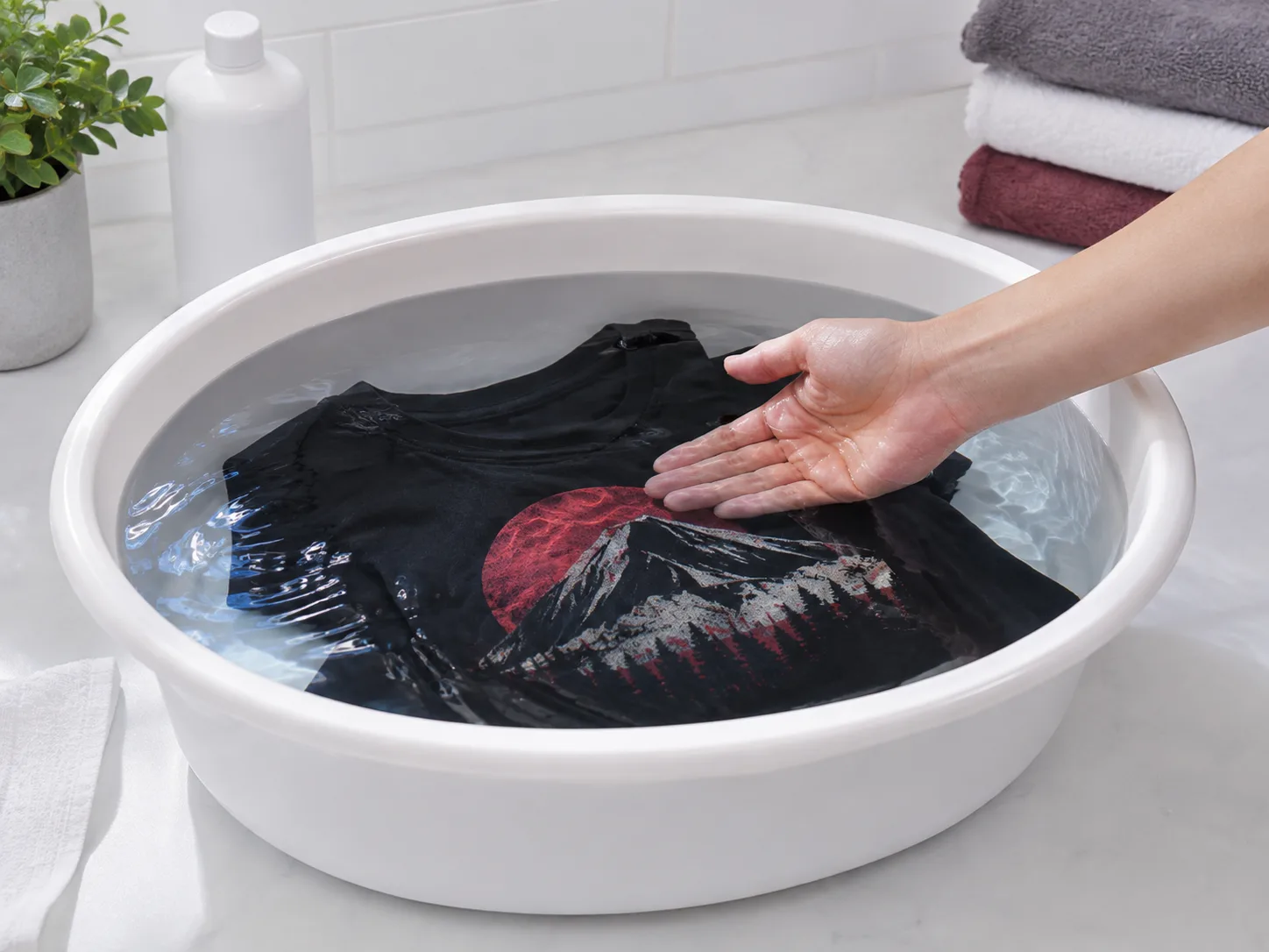 Prenda estampada lavándose suavemente con agua fría