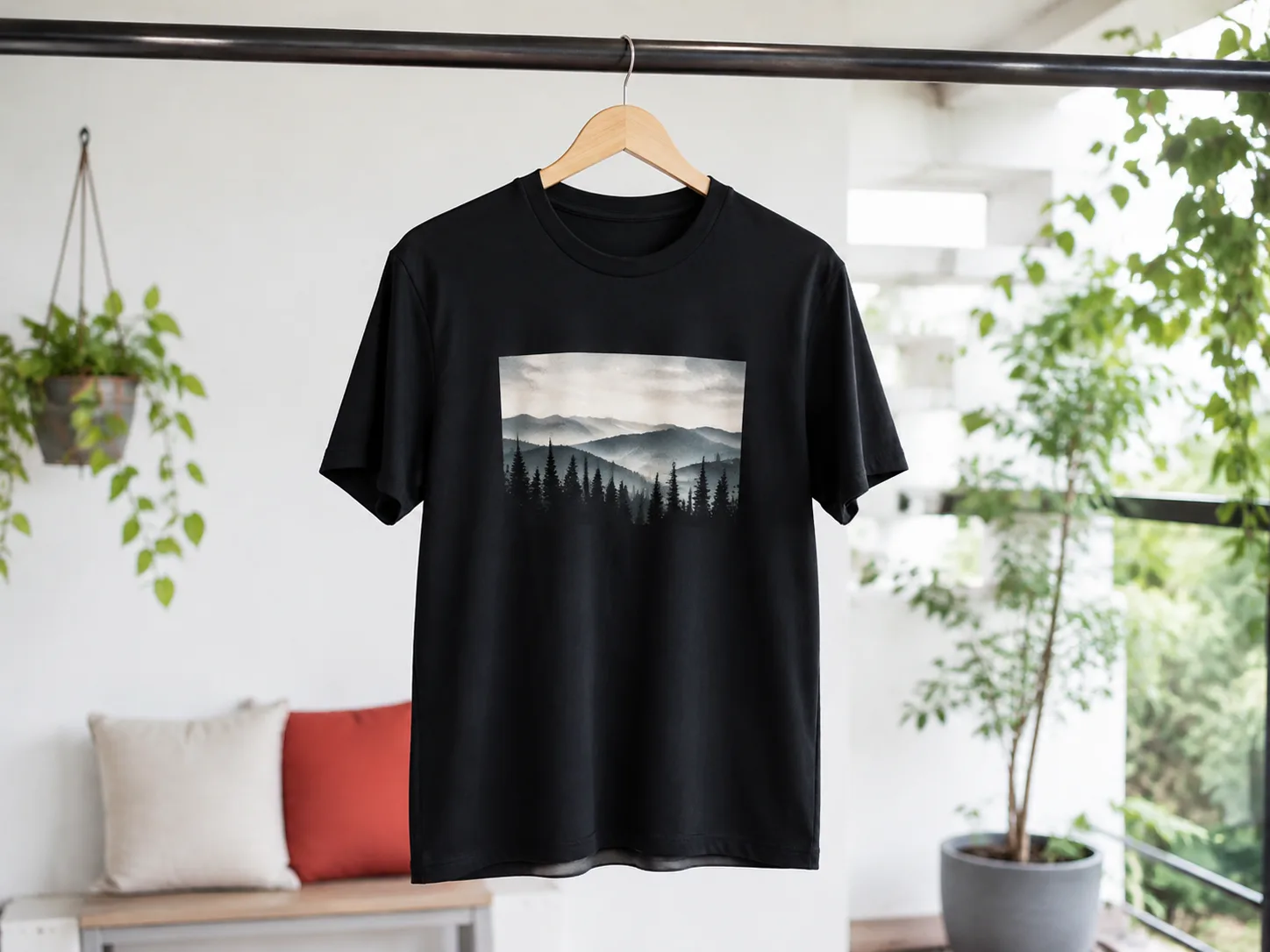 Polo negro colgado completamente extendido bajo sombra