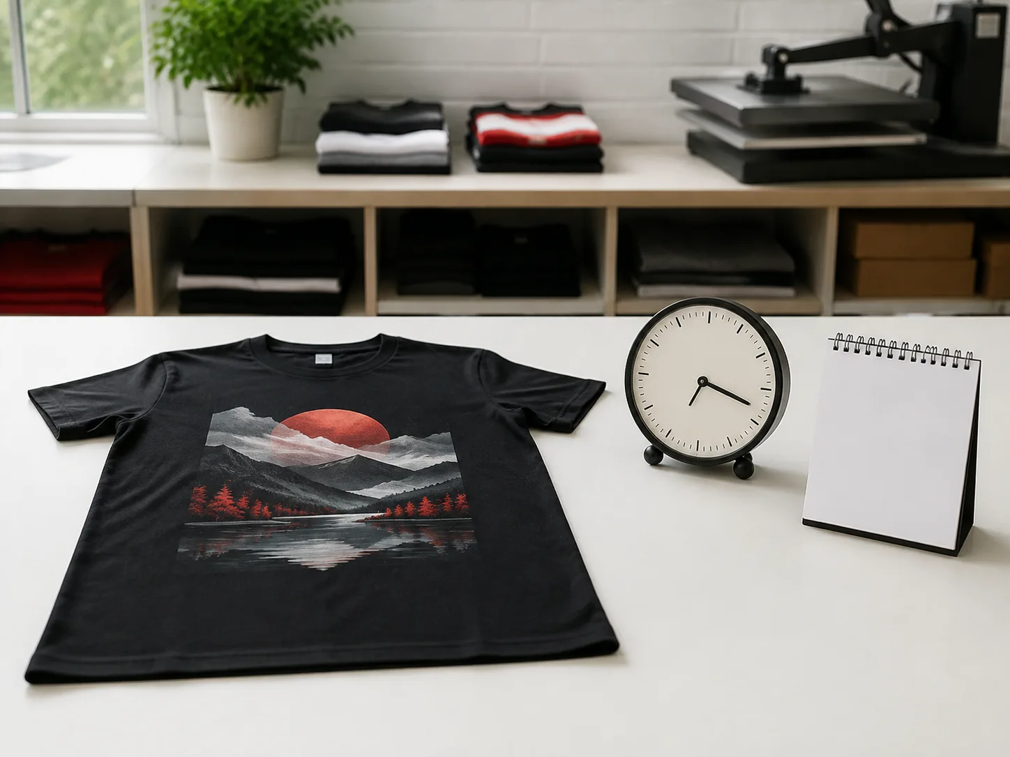 Prenda recién estampada reposando junto a un reloj